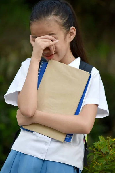 Estudante Jovem Estressado Vestindo Uniforme Escolar Com Cadernos — Fotografia de Stock