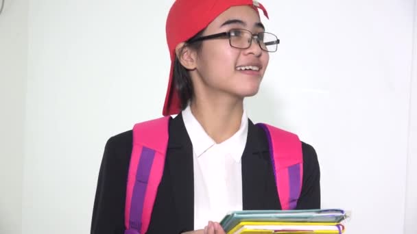 Teen Female Student Posing With Books — Stock Video