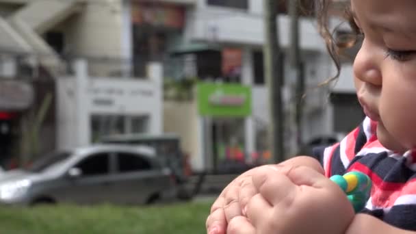 Baby mit Spielzeug, Babyspielzeug, Neugeborenes beim Spielen — Stockvideo