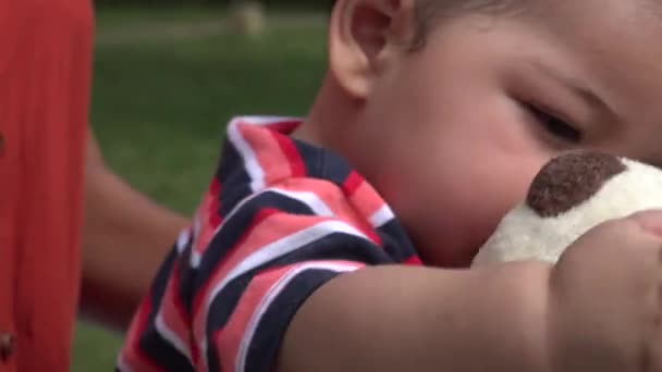 Bebê com ursinho de pelúcia, infantil, brinquedos de pelúcia — Vídeo de Stock