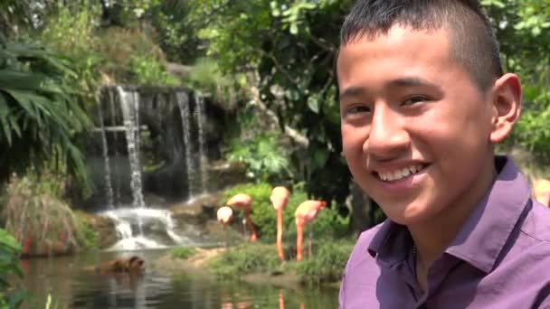 Gelukkig Teen Boy in de buurt van waterval — Stockvideo