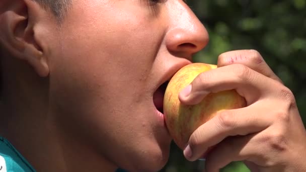 Мальчик-подросток ест яблоко — стоковое видео