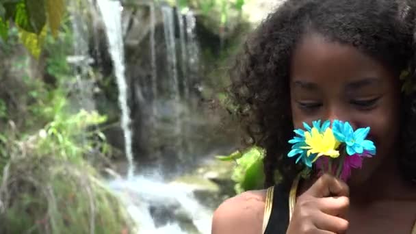 African Teen Girl at Waterfall — Stock Video