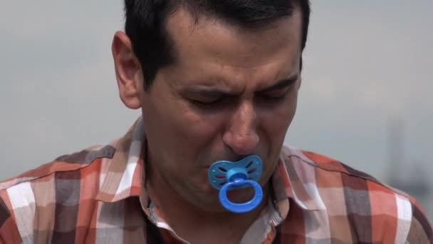 Adult Man Crying With Pacifier — Stock Video