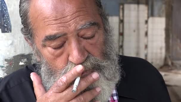 Old Man Smoking Depressed Beard — Stock Video