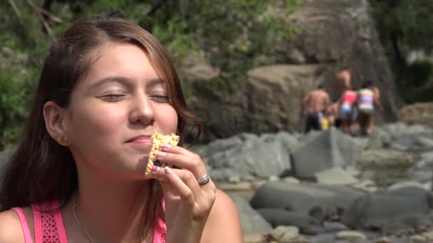 Girl Eats Granola Snack — Stok Video