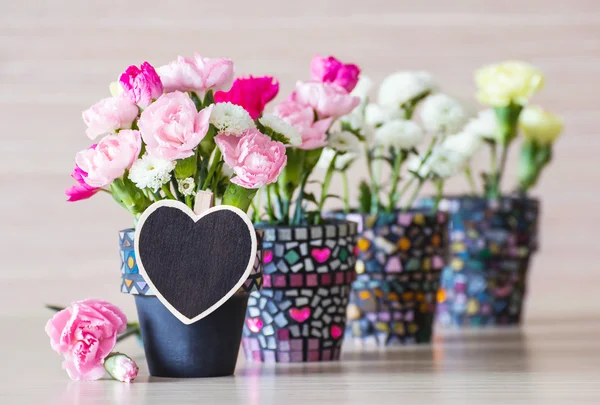 Boş ahşap kalp kıyafet PIN ile tencerede çiçekler — Stok fotoğraf