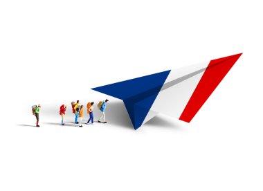 Kağıt için yürüyüş minyatür backpackers wh uçakta Fransa