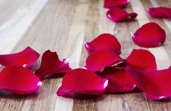 Red rose petals on wooden background — Stock Photo, Image