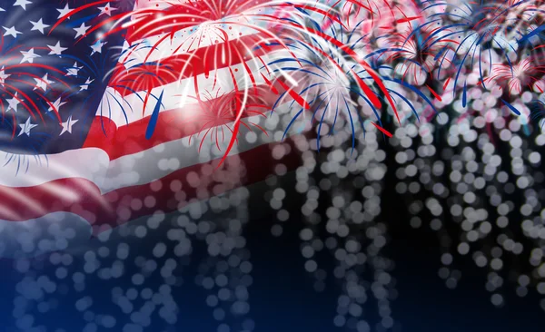 US-Flagge mit Feuerwerk auf Bokeh-Hintergrund — Stockfoto