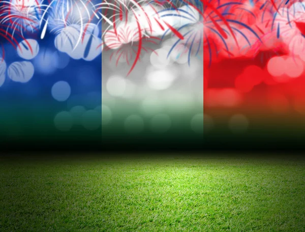 Γήπεδο ποδοσφαίρου και bokeh με σημαία της Γαλλίας — Φωτογραφία Αρχείου