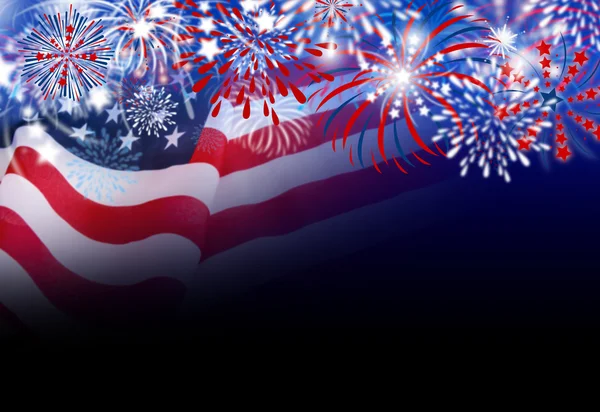 Bandiera Usa con disegno fuochi d'artificio su sfondo nero — Foto Stock