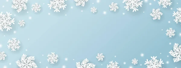 Karácsonyi Téli Banner Design Hópehely Fények Kék Háttér Vektor Illusztráció — Stock Vector