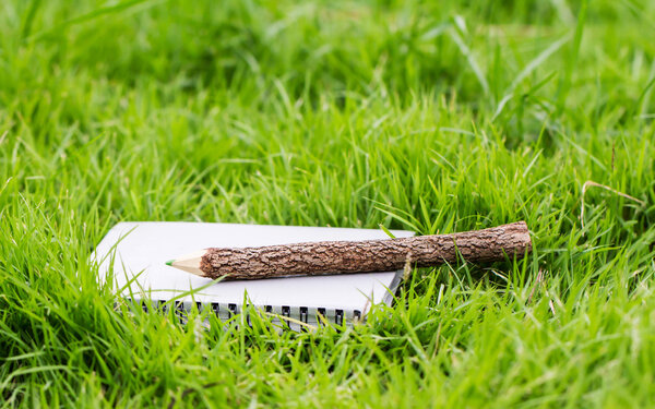 Pencil and notebook on grass