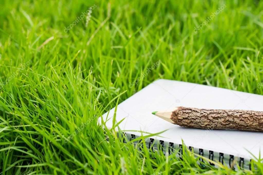 Pencil and notebook on grass
