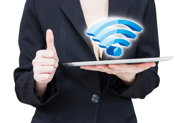 Businesswoman connecting to wifi — Stock Photo, Image