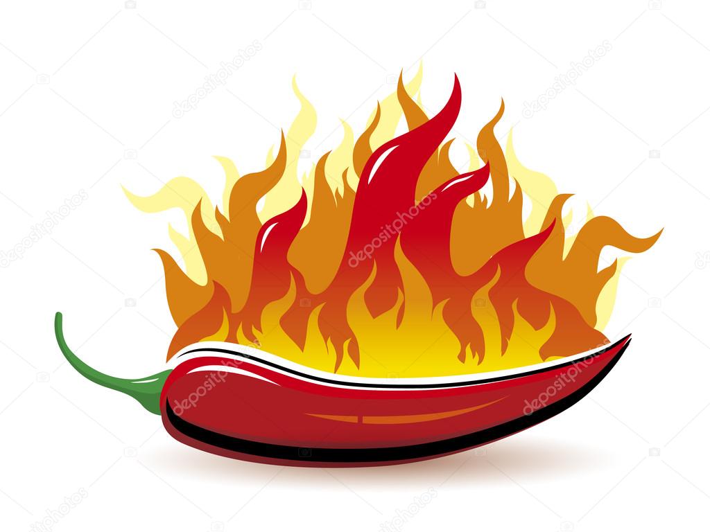 Vector red hot chilli pepper with fire on white background