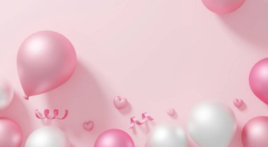 Zarif pembe ve beyaz balonlar yumuşak pembe arka planda. Sevgililer Günü afişi için fotokopi alanı var.