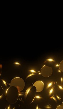 Siyah arkaplana düşen altın sikkeler 3B kopyalama alanı oluşturur