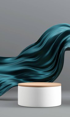 Lüks deniz mavisi kumaşlı minimalist podyum rüzgâr arka planında akarken ürün gösterimi için 3D görüntüleme alanı oluşturur.