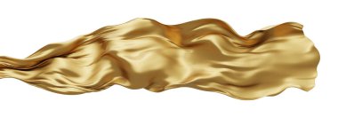 Rüzgarda süzülen altın renkli kumaş beyaz arka planda izole edilmiş.