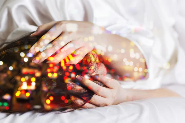 Double exposure of women headache and traffic jam — Stock Photo, Image