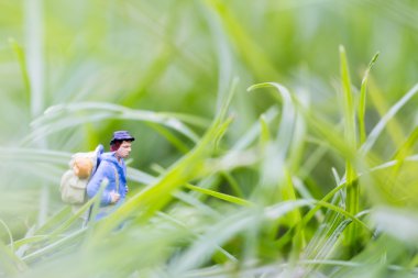 Minyatür backpacker çimenlerin üzerinde yürüyüş