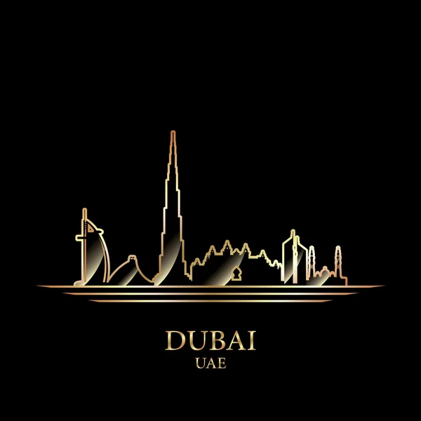 Gold silhouette of Dubai on black background — Stock Vector