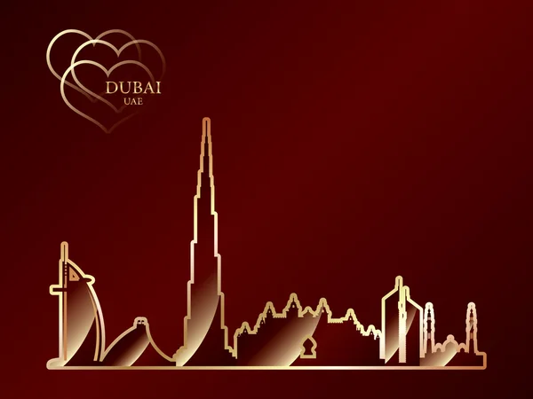 Silhouette dorée de Dubaï sur fond rouge — Image vectorielle