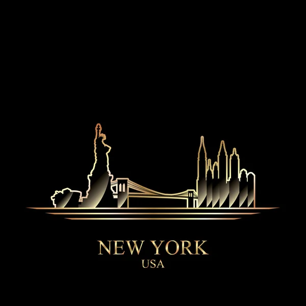 Silueta dorada de Nueva York sobre fondo negro — Vector de stock