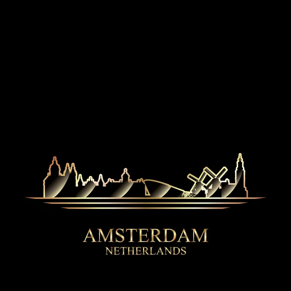 Gold silhouette of Amsterdam on black background — Stock Vector