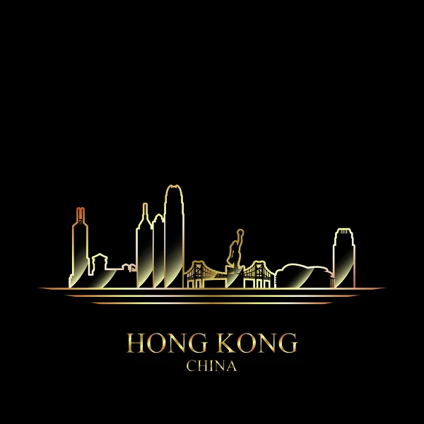 Silueta dorada de Hong Kong sobre fondo negro — Vector de stock