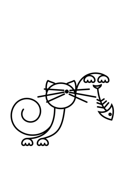 Impressão Gato Gatinho Engraçado Brincando Com Peixe Arte Minimalista Ilustração —  Vetores de Stock