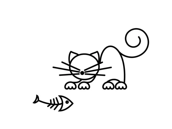 Cat Print Chaton Drôle Jouant Avec Poisson Art Minimaliste Illustration — Image vectorielle