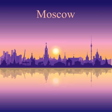Günbatımı arka planında Moskova şehir silueti, vektör illüstrasyonu