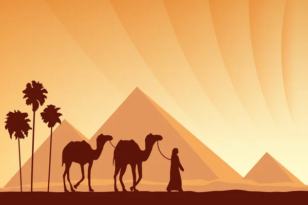 Egipto Grandes pirámides con caravana de camellos en el fondo del atardecer — Vector de stock