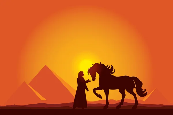 Egipto Grandes Pirámides con silueta de beduino y caballo al sol — Vector de stock