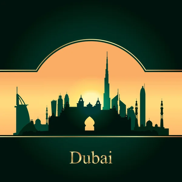 Dubai skyline siluet pada latar belakang matahari terbenam - Stok Vektor
