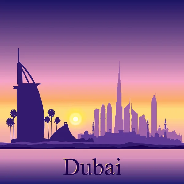 Silueta del horizonte de Dubái sobre fondo del atardecer — Vector de stock
