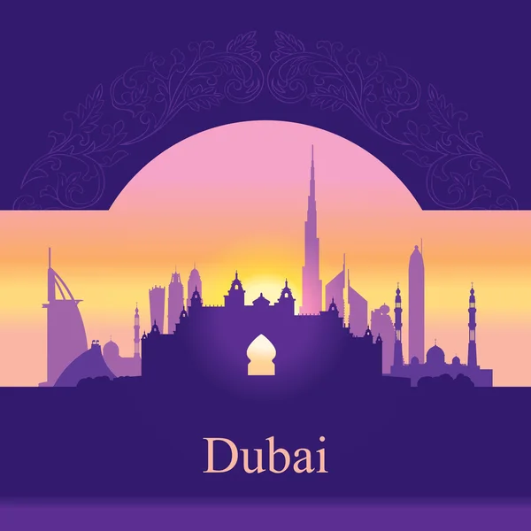Dubai skyline siluet pada latar belakang matahari terbenam - Stok Vektor