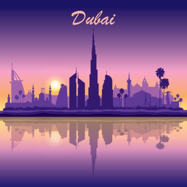 Dubai siluetinin siluet günbatımı arka plan üzerinde
