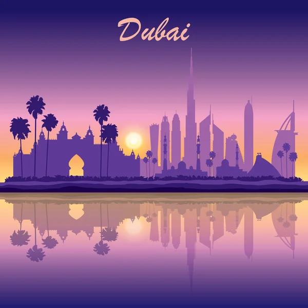 Dubai skylinsilhuett på solnedgangsbakgrunn – stockvektor