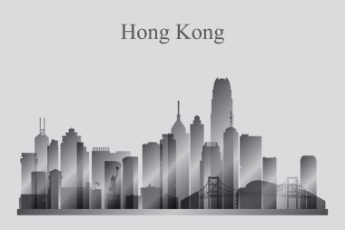 Hong Kong şehir manzarası siluet gri tonlamalı
