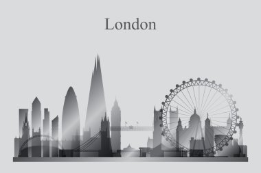 Londra şehir manzarası siluet gri tonlamalı