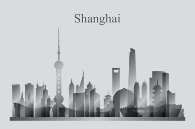 Shanghai şehir manzarası siluet gri tonlamalı