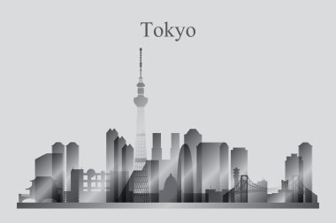 Tokyo şehir manzarası siluet gri tonlamalı