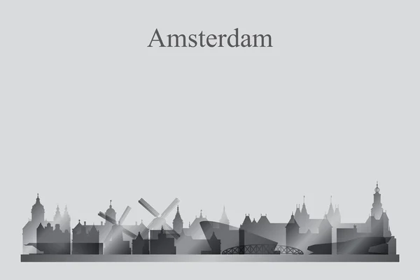 Amsterdam stad skyline van silhouet in grijswaarden — Stockvector