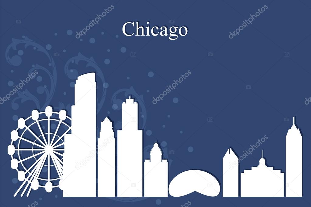 Chicago city skyline silhouette on blue background