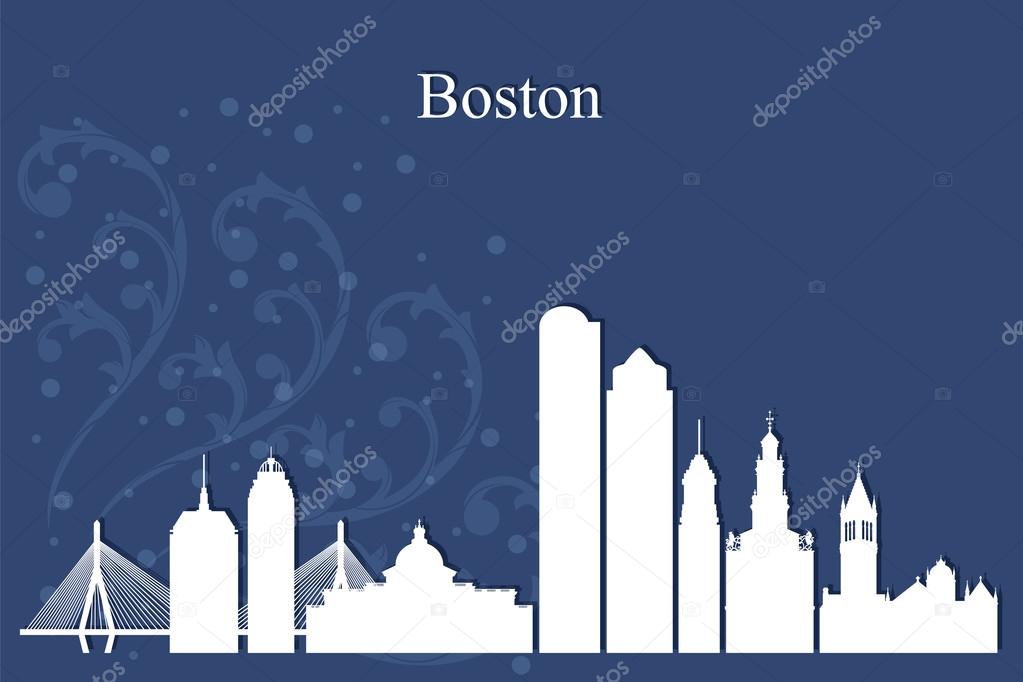 Boston city skyline silhouette on blue background