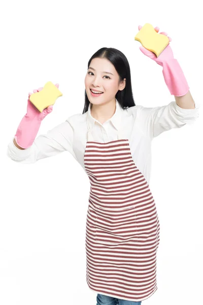 Young woman cleaning on white — Stock Photo, Image